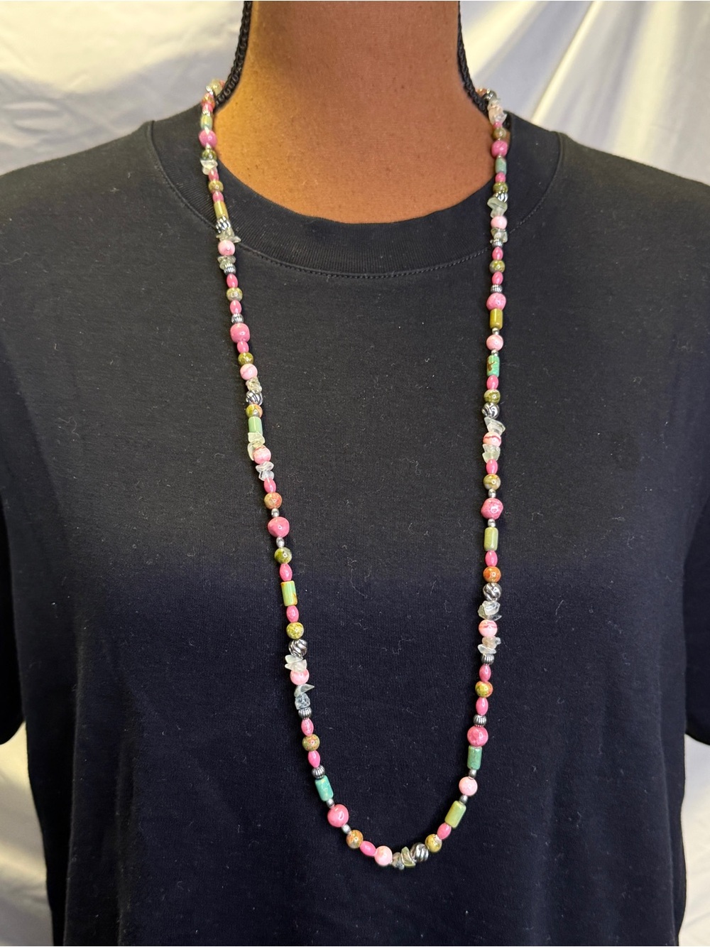 CAROLYN POLLACK Sterling Silver Pink Green Rhodonite Jasper Unakite Necklace - Picture 3 of 9